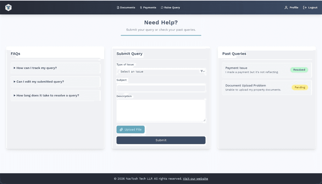 Customer portal — FAQs, submit query & past queries