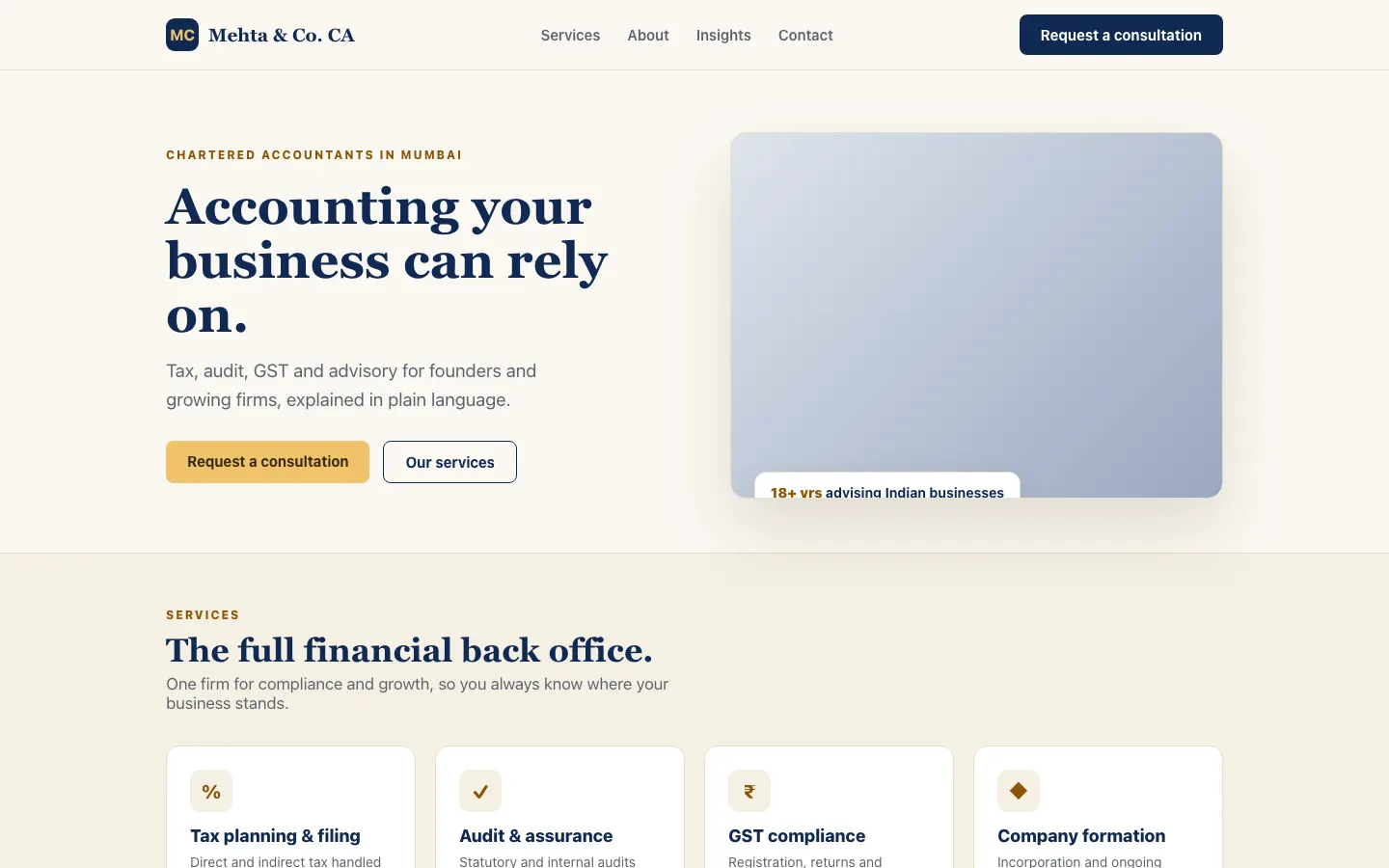 Sample CA firm homepage designed by The Tech Thingy
