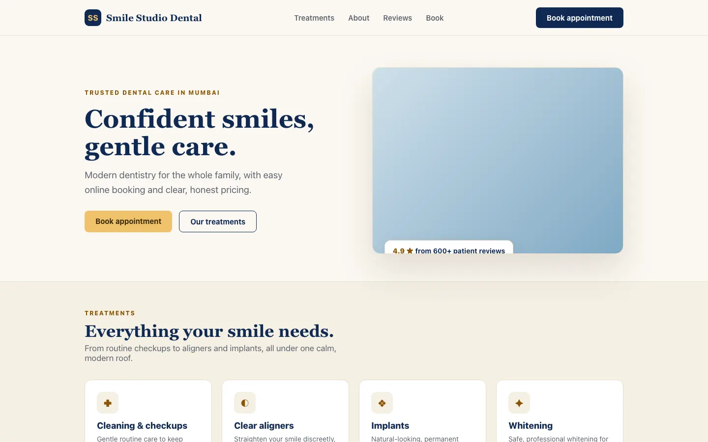 Sample dental clinic homepage designed by The Tech Thingy