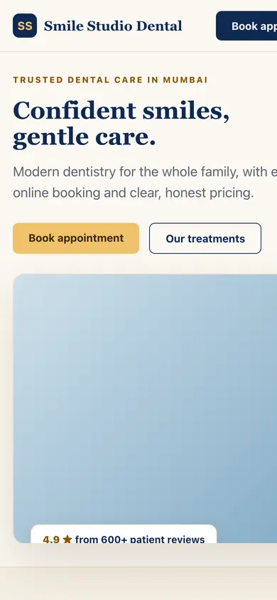 Sample dental clinic homepage on mobile, designed by The Tech Thingy