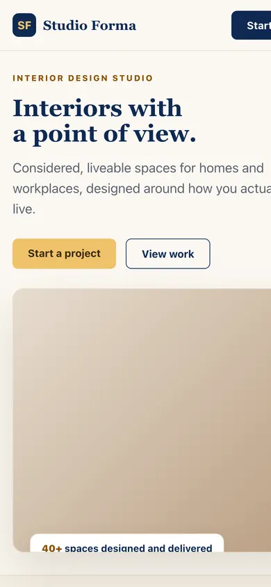 Sample interior design studio homepage on mobile, designed by The Tech Thingy